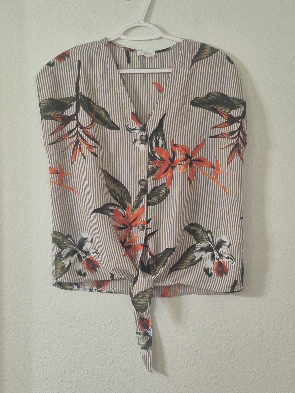 Striped Floral Tie-Front Sleeveless Top - Brown/Red